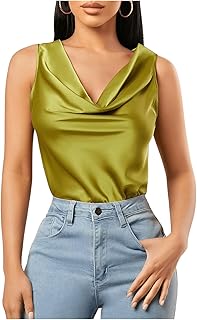 WDIRARA Women's Draped Cowl Neck Sleeveless Satin Tank Top Elegant Blouse Shirts