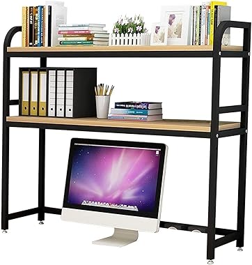 Industrial Computer Desk Bookcase - 2-Tier Desktop Bookshelf for Computer Desk, Adjustable Desk Bookshelf Organizer Rack, Ope