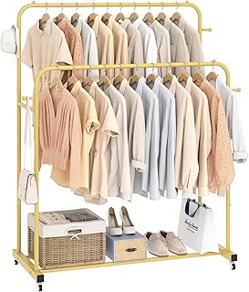 Laiensia Double Rods Garment Rack with Wheels, Clothing Rack for Hanging Clothes,4 Hooks, Multi-Functional Bedroom Clothes...