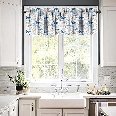 Blue Butterfly Floral Valance Curtains for Girls Bedroom Decor Nature Butterflies Flower Art Printed Rod Pocket Window Drapes Kitchen Cafe Short Curtains for Bathroom Living Room W54xL18in 1 Panel