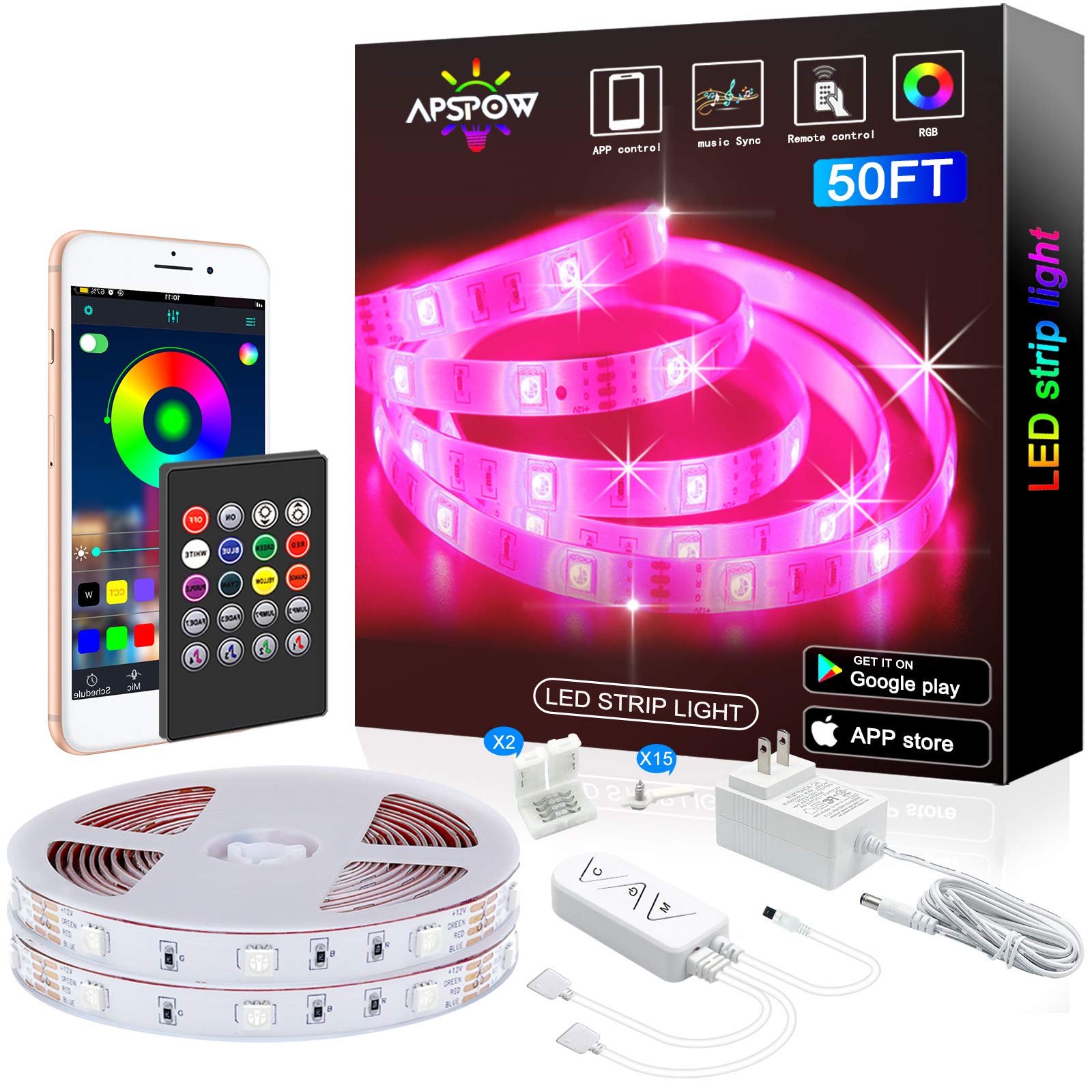 Amazon.com: APSPOW LED Strip Lights 50ft , Multicolor RGB LED ...