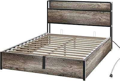 AMERLIFE Queen Size Lift Up Storage Bed Frame, Wooden Platform Bed Frame with Lifting Storage & Charging Station, No Spring Box Needed/Noise Free, Rustic Grey