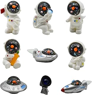 Pinenjoy 9Pcs Miniature Astronaut and Rocket Figurines Mini Spaceman and UFO Set Resin Cake Toppers for DIY Shelf Tabletop...