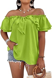 MakeMeChic Women's Plus Size Off Shoulder Tie Front Layered Ruffle Short Sleeve Blouse Top