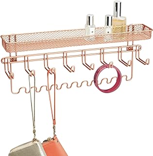 mDesign Steel Wall Mount Bedroom Closet Jewelry Storage Organizer Rack with 8 Hooks/Basket - Decorative Hanger Holder for ...