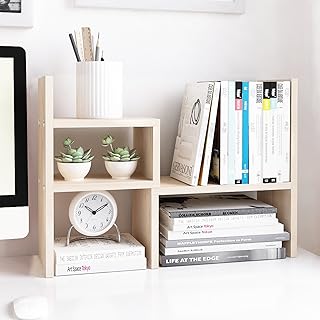 Jerry & Maggie Desktop Organizer Office Storage Rack Adjustable Wood Display Shelf, White, 5 Units, 16"L x 15.8"H x 6.8"W