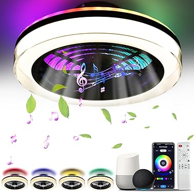 TCFUNDY Ventilador de techo con luz, luz LED RGB de perfil bajo de 18 pulgadas con Bluetooth Smart WiFi, apto para Alexa, Goo