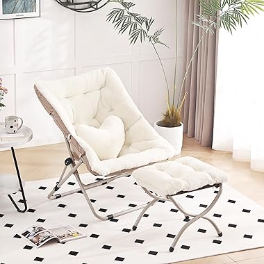 HomEastlly - Silla de platillo con otomana, cómoda silla plegable de gran tamaño, silla de lectura de piel sintética para adu