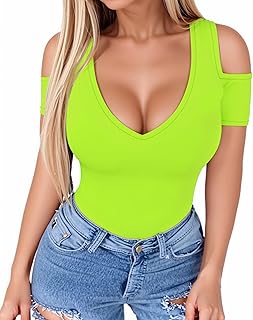 HERLOLLYCHIPS Women Tops Summer Deep V Neck Short Sleeve Cold Shoulder Slim Fit Casual Sexy Tees T-Shirts