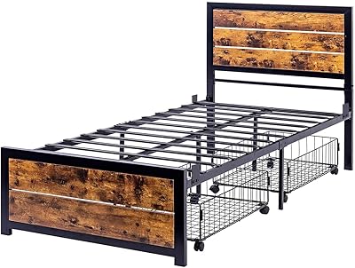 WAYTRIM Twin Platform Bed Frame for Teens, Industrial Metal Slat Support with Wooden Headboard and Footboard, 2 Underbed Rolling Cart for Kids Adults, No Box Spring Needed - Retro Brown