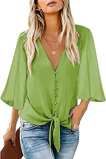 luvamia Women's Casual V Neck Tops 3/4 Sleeve Tie Knot Blouses Solid Button Down Shirts