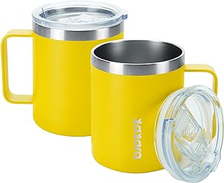 BJPKPK 2 pcs Insulated Coffee Mug, 14oz Insulated Tumbler with Lid, Stainless Steel Coffee Cups with Splash Proof Lid-Yellow