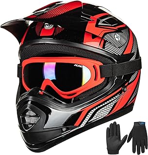 ILM Youth Kids ATV Motocross Helmet Goggles Sports Gloves Dirt Bike Motorcycle Off Road DOT Approved B07 (Youth-S, Red/Sil...