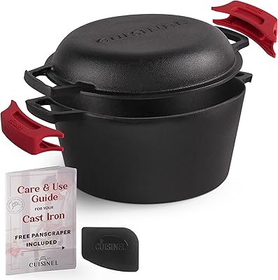 cuisinel Horno holandés de hierro fundido olla profunda de 5 cuartos presazonada 2 en 1 tapa combinada que se dobla como sartén de 10 pulgadas + fundas de mango de silicona + raspador, C5QT-DDO-NEW