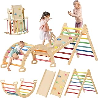 Tiny Land Pikler Triangle Set, 7-in-1 Foldable Pikler Triangle Climbing Toys Set for Kids,Rainbow Climbing Set,Baby Indoor...