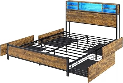 Thaweesuk Shop New Vintage Brown Queen Size Bed Frame with LED Lights Headboard Metal Platform Bed with Storage 4 Drawers Modern Light Floating Charging Station Wood 86.8"L x 60.3"W x 39.5"H of Set