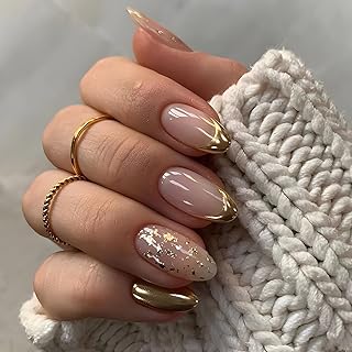 Gold French Tip Press on Nails Medium Fake Nails Almond False Nail Tips Gold Glitter Artificial Nails Design Full Cover Gl...