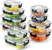 EasyWare JUEGO DE 20 PIEZAS (10 RECIPIENTES) DE VIDRIO GRUESO, HERMÉTICOS, Contenedores Para Alimentos, Tapas Cierre Fácil, Refractarios para Cocina, Horno, Refrigerador Congelador y Despensa