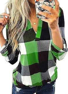 Dokotoo Womens Basic Casual V Neck Plaid Print Cuffed Long Sleeve Work Tops Blouses Shirts S-3XL