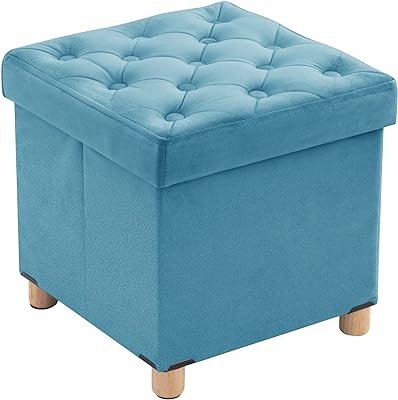 BRIAN & DANY Ottoman with Storage, Foldable Storage Ottoman Cube with Wooden Legs, Footstool for Living Room, Bedroom, Velvet Green 15.7" x 15.7" x 15.7"