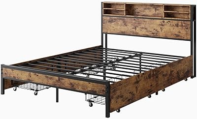 ZLBYCNX Metal Queen Bed Frame with Headboard and Storage,Platform Bed Frame Queen Size with 4 Storage Drawers,Industrial Bed Frame Queen Size with Charging Station,No Box Spring Needed