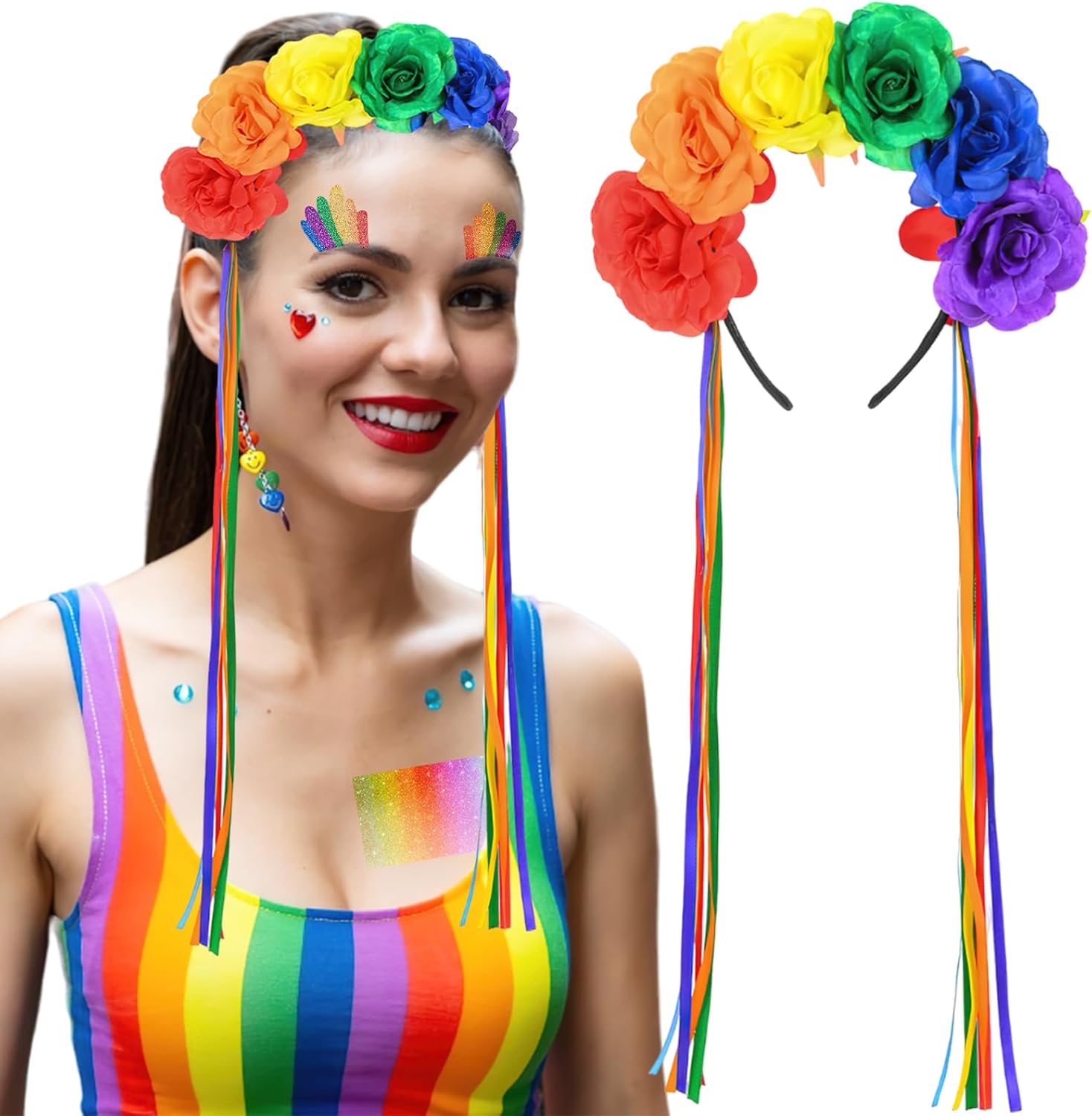 Amazon.com: BASEMMAHER Rainbow Rose Flower Headband With Rainbow ...