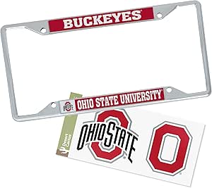 Desert Cactus Ohio State University License Plate Frame Metal Car Tag Holder and Sticker for Front or Back of Car Officially Licensed (Sticker Frame Combo - Mascot)