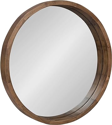 Kate and Laurel Hutton Round Decorative Modern Wood Frame Wall Mirror, 22 Inch Diameter, Natural Rustic