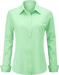 hearain Soft Wrinkle-Free Women's Button Down Dress Shirts Solid Long Sleeve Work Blouses Fit Stretch Casual Tops XXS-4XL