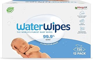 WaterWipes Toallitas húmedas Originales para Bebés, Sin Plástico, 720 unidades (Paquete de 12), 99,9% Base de Agua, y Sin ...