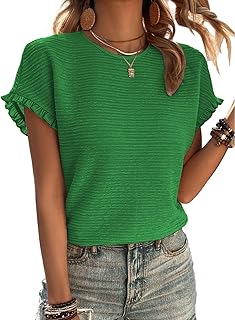 Samefar Womens Short Sleeve Tops Round Neck Ruffle Casual Summer Textured Work T Shirts Tee Blouse