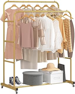 Laiensia Double Rods Clothing Rack with Wheels, Garment Rack for Hanging Clothes, Multi-functional Bedroom Clothes Rack, Gold