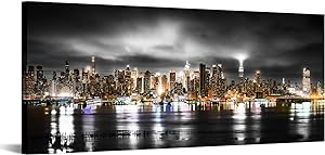 RyounoArt Large New York City Canvas Art NYC Skyline Painting Picture Manhattan Night Poster Artwork for Home Living Room 20x48 Inch