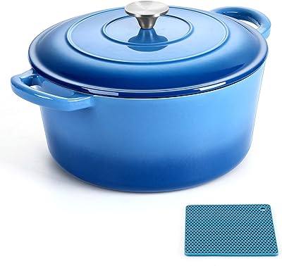 LIANYU - Horno holandés de hierro fundido esmaltado de 6 cuartos con tapa y alfombrilla de silicona, olla redonda para hornear pan de masa madre, olla de cocina resistente para cocinar, asas dobles,