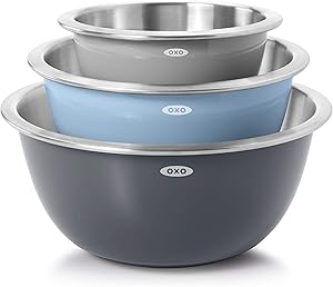 OXO Good Grips 3-Piece Stainless Steel Mixing Bowl Set - Blue/Gray, 4.7L, Multi Size