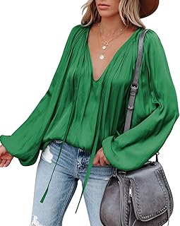 LAMISSCHE Womens Sexy Deep V Neck Blouse Lantern Long Sleeve Chiffon Shirt Oversized Drawstring Silk Satin Tunic