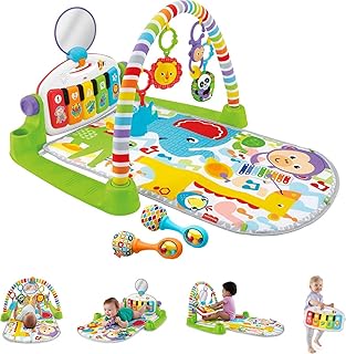 Fisher-Price Baby Playmat Deluxe Kick & Play Piano Gym, Green Musical Learning Toy with 2 Rattle Maracas for Developmental...