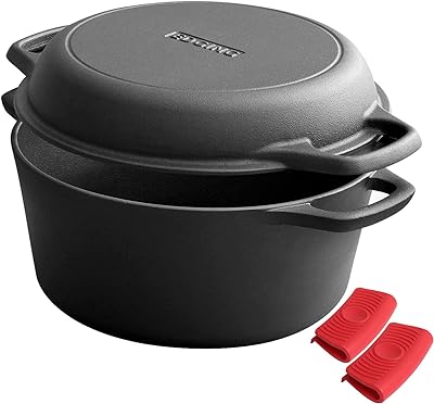 EDGING CASTING - Olla de horno holandesa de hierro fundido presazonada 2 en 1 con tapa de sartén, sartén de hierro fundido con doble asa para interiores y exteriores para pan, freír, hornear, camping,