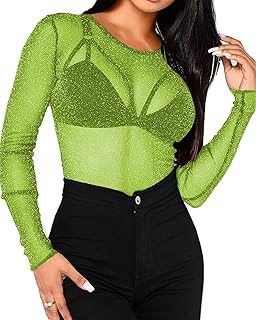 BelleLovin Women's Sheer Mesh Tops Long Sleeve Glitter Sexy Tops See Through Blouses