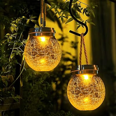 DBF Solar Lanterns Outdoor Waterproof, 2 Modes Solar Lantern Crackle Glass Ball Hanging Solar Lights Outdoor Waterproof Solar Garden Lights, Patio Garden Decor Decorative Lantern, 4 Pack