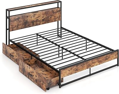 KOMFOTT Queen Bed Frame with Charging Station & 2 Storage Drawers, Industrial Heavy Duty Metal Platform Bed Frame with Storage Headboard, Mattress Foundation with Slats Support, No Box Spring Needed