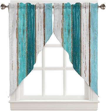 Cortinas de madera con cenefa de madera estilo clásico, color verde aguamarina, con bolsillo para barra de madera, color azul