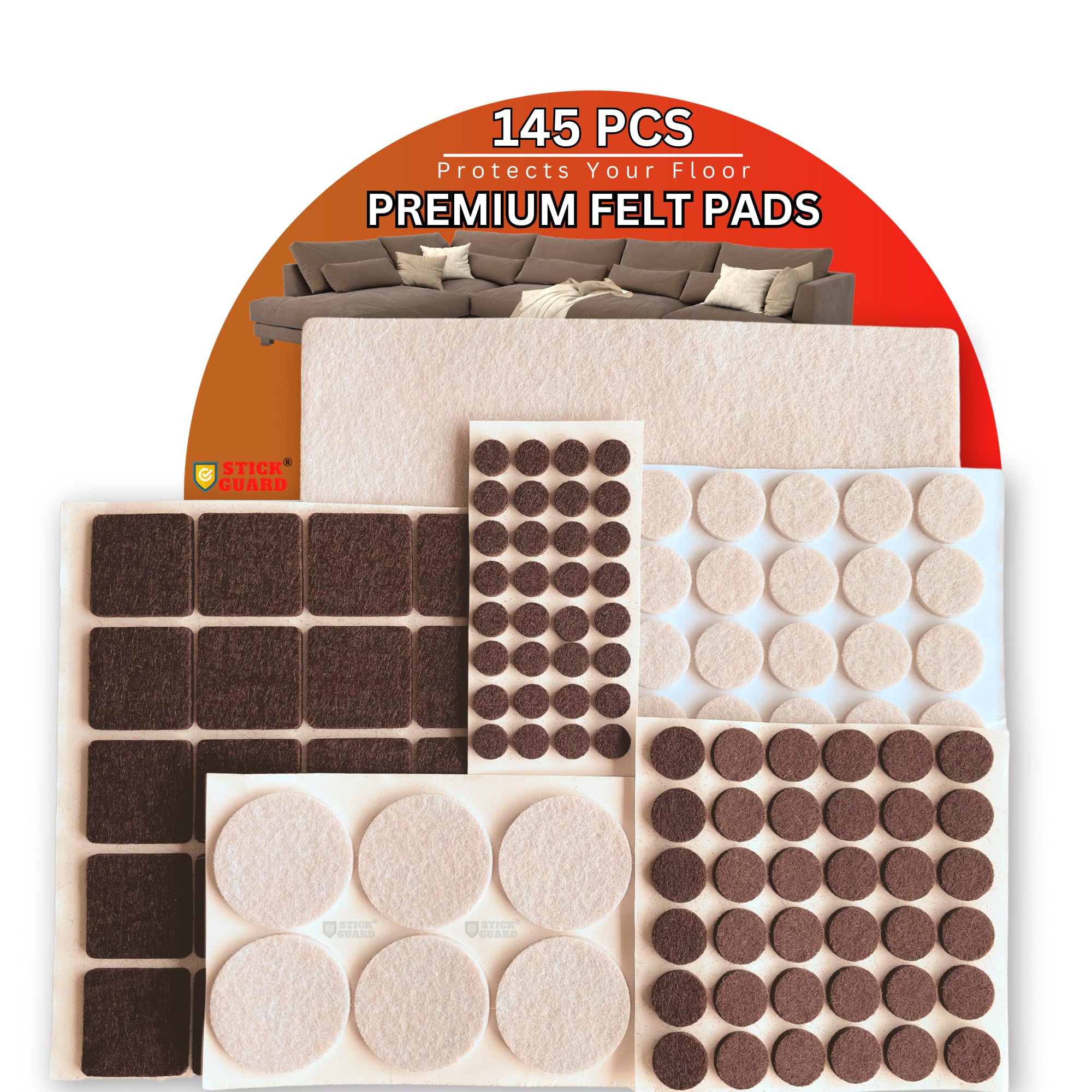 StickGuard Felt Furniture Pads, Self Adhesive Furniture Pads, 145 PCS Premium Felt Pads for Furniture Legs, Scratch Resistant Wood Floor Protectors for Hardwood and Laminate (145 PCS Brown & Beige)