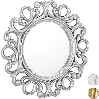 Relaxdays deco wandspiegel rond, voor badkamer, hal, woon- & slaapkamer, met frame, sierspiegel, ∅ 50 cm, zilverkleurig