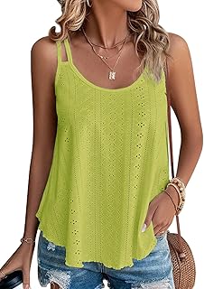 ATHMILE Women's Tank Tops Eyelet Embroidery Sleeveless Spaghetti Strap Tops Scoop Neck Sexy Loose Fit Casual Summer