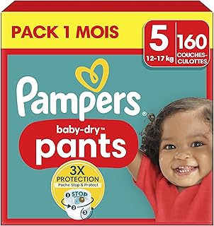 Pampers Baby-Dry Pants, Taille 5, 160 Couches-Culottes, 12-17kg, Maintien 360° Contre Les Fuites Avec Une Poche Stop & Pro...