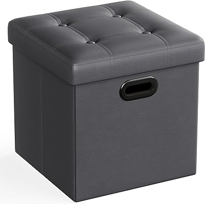 SONGMICS 15 Inches Ottoman with Storage, Footstool, Storage Ottoman with Metal Grommet Handles, Synthetic Leather, 660 lb Load Capacity, for Dorm Room, Living Room, Bedroom, Slate Gray ULSF030G01