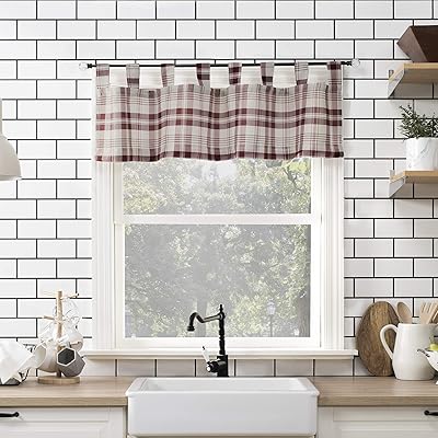 No. 918 Blair Farmhouse Plaid Semi-Sheer Tab Top Kitchen Curtain Valance, 52" x 14", Red/Ecru Off-White