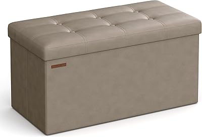 SONGMICS 30 Inches Folding Storage Ottoman Bench, Storage Chest, Footrest, Coffee Table, Padded Seat, Faux Leather, Holds up to 660 lb, Camel Brown ULSF040R01