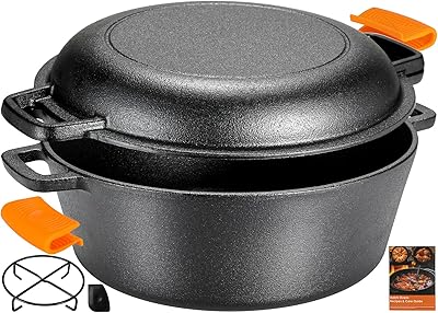 LIFERUN - Olla holandesa para horno con tapa, olla de 5.1 cuartos sin tapa + tapa de 1.9 cuartos de galón, horno holandés de hierro fundido con tapa, tapa doble como sartén de hierro fundido, soportes